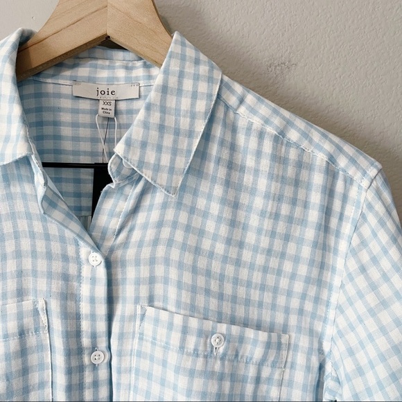 Joie NWT Lidelle Cotton Gauze Button Down Gingham Shirt Blue/White Size XXS $228 - Picture 6 of 14